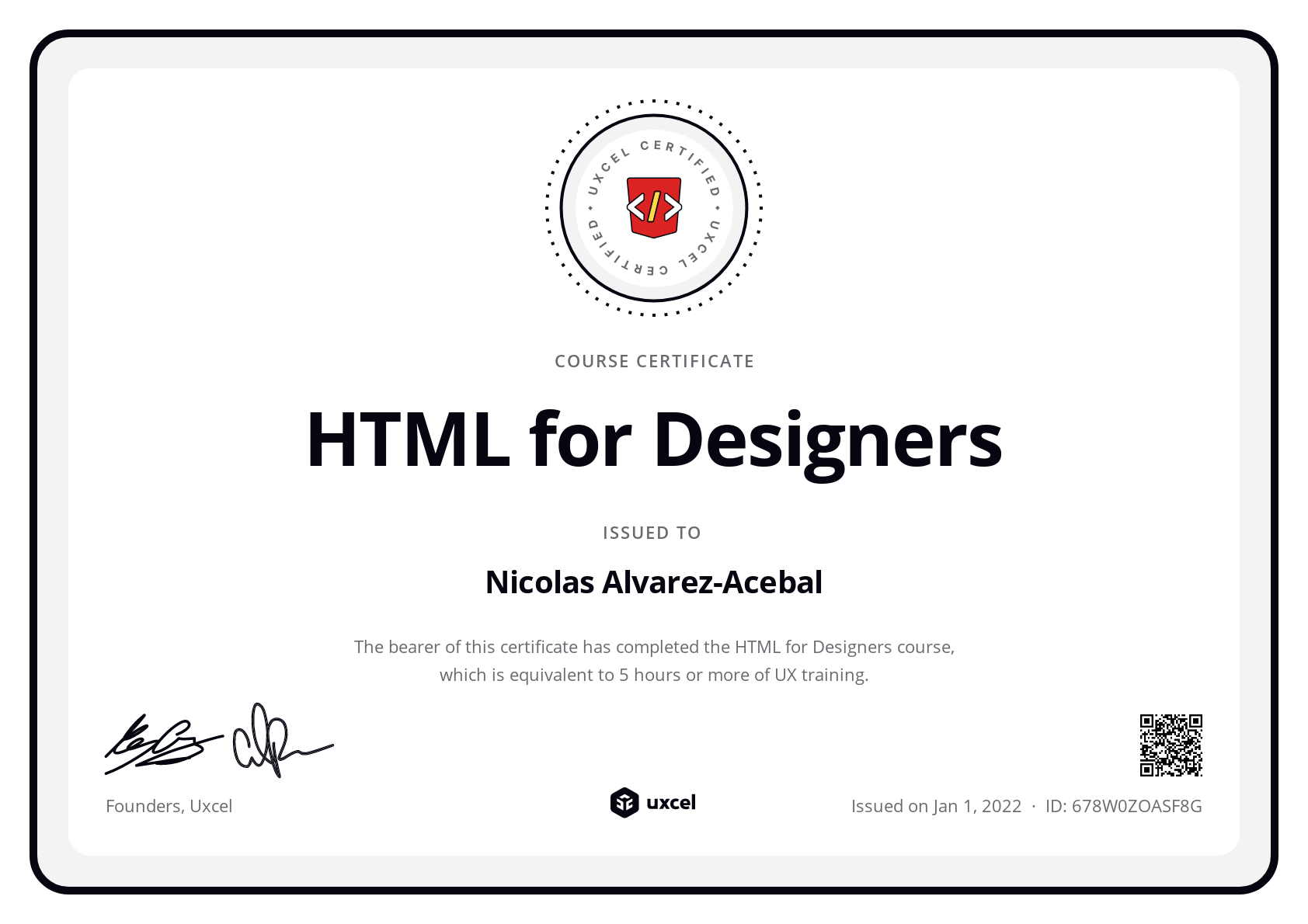 Nicolas Alvarez-Acebal's certificate